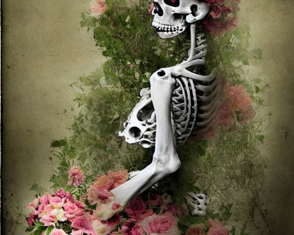 Skeleton with pink flower crown and foliage on textured backdrop