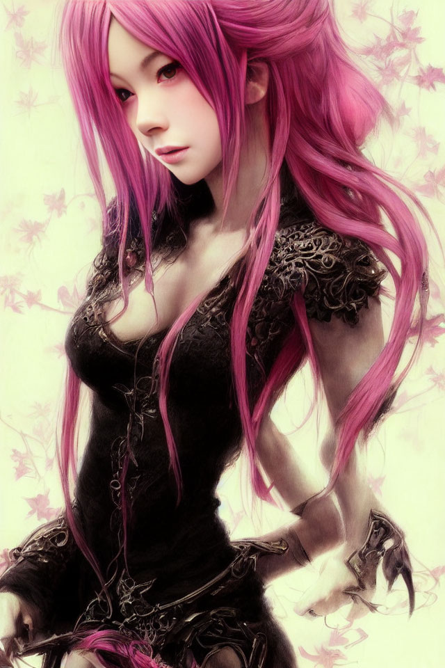 Digital artwork featuring female character with long pink hair and intricate black clothing against pink leaf background.