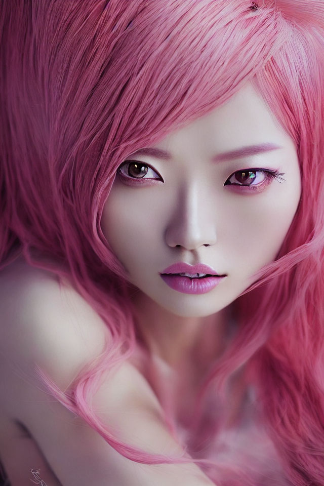 Vibrant pink hair and eye makeup in intense portrait