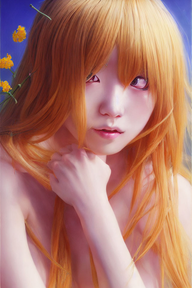 Digital artwork: Person with orange hair, purple eyes, holding yellow twig, on blue background