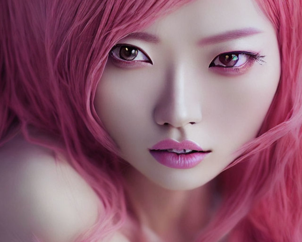 Vibrant pink hair and eye makeup in intense portrait