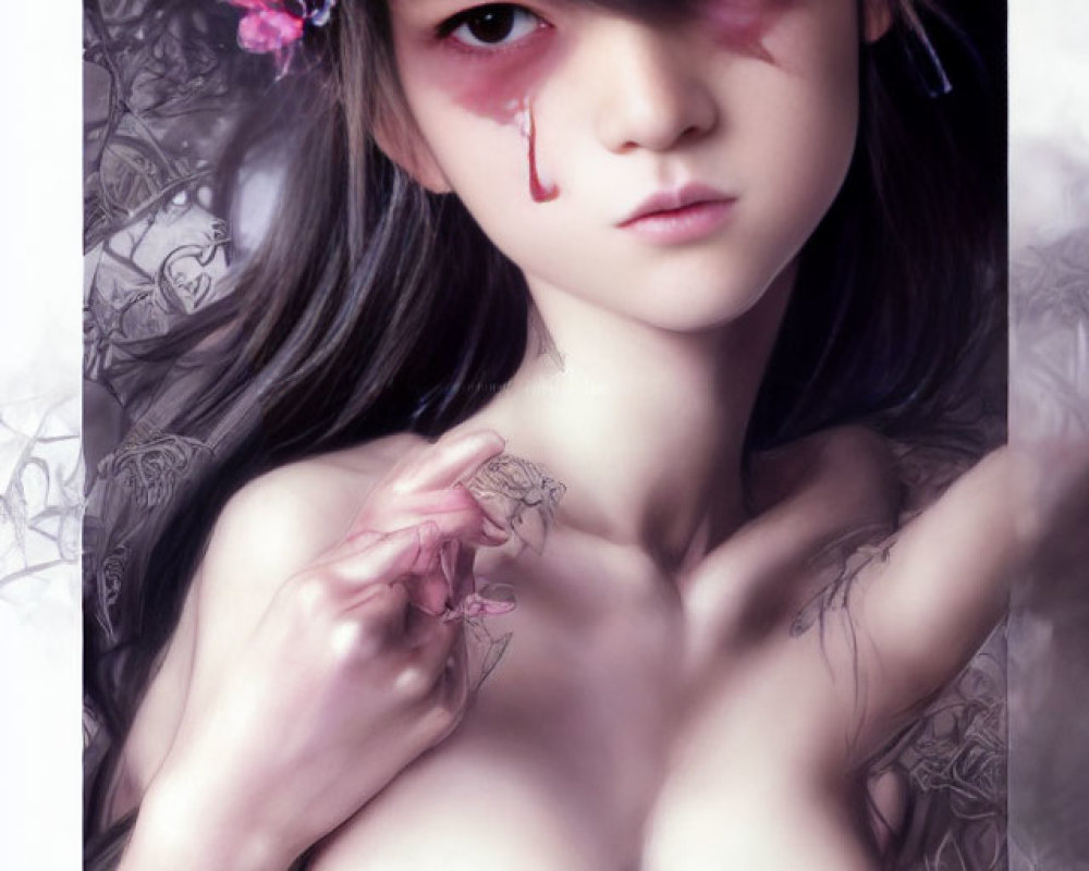 Illustration of female figure with grey hair, pink flowers, eye makeup, tears, and roses.