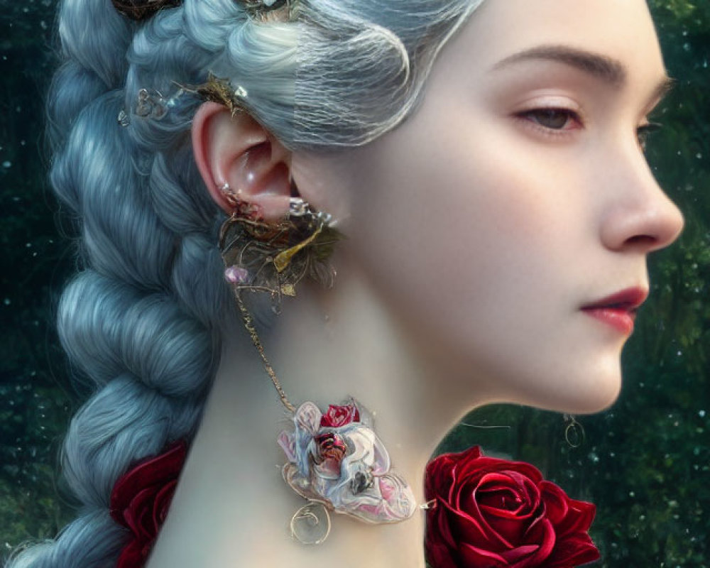 Portrait of Woman with Pale Skin, Silver Braided Hair, Red Roses, Golden Accents, Del