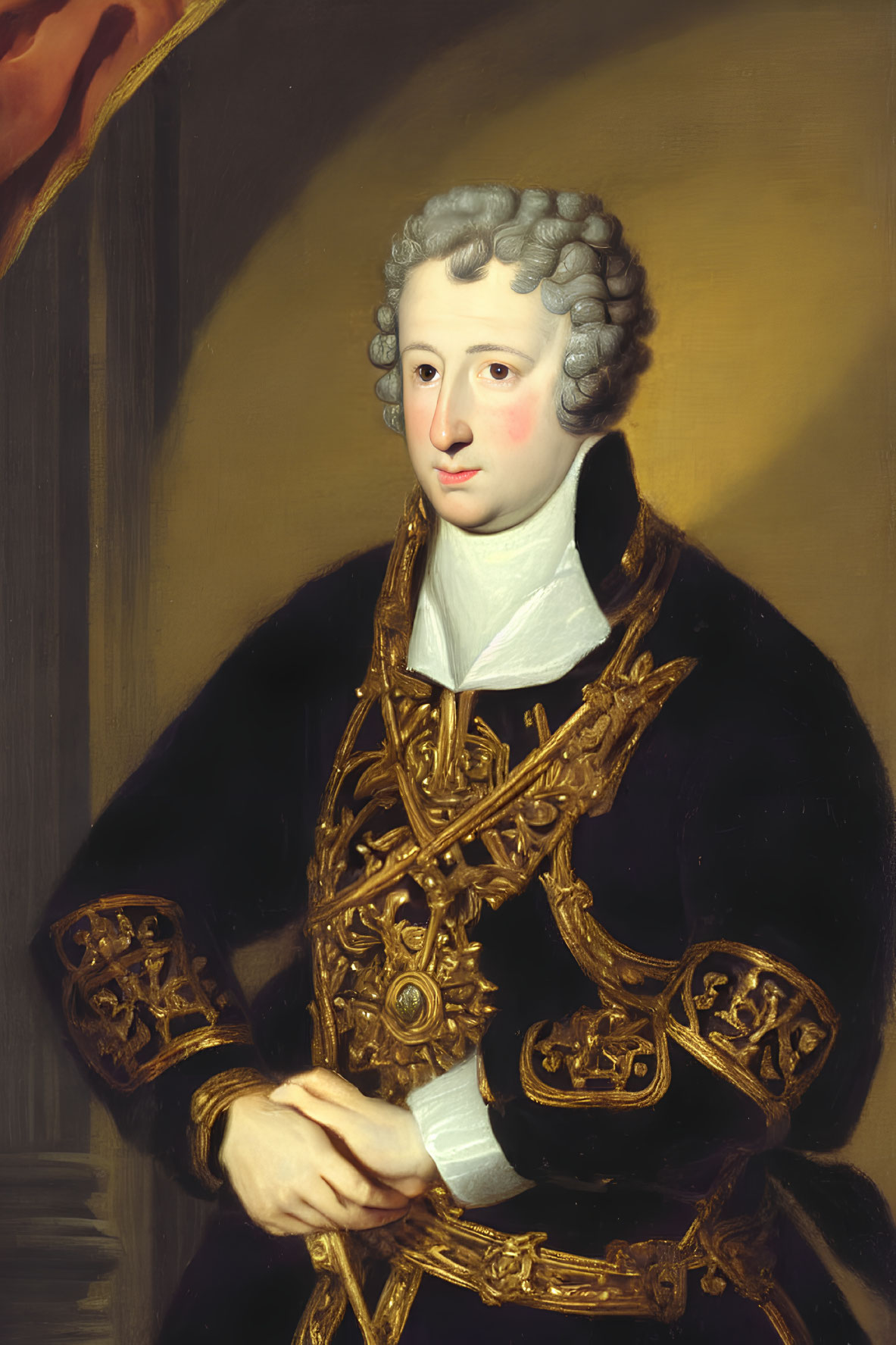 Historical portrait of a man in powdered wig and ornate navy coat