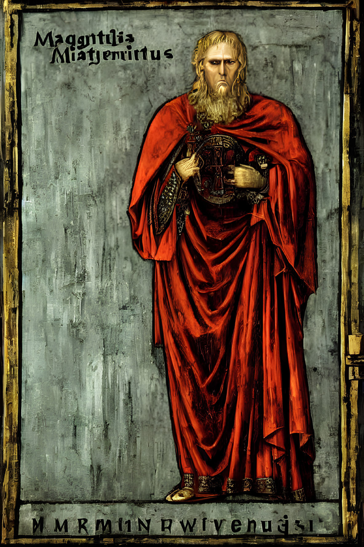 Regal figure in red robes with inscriptions - Stylized artwork of a historical or mythical king