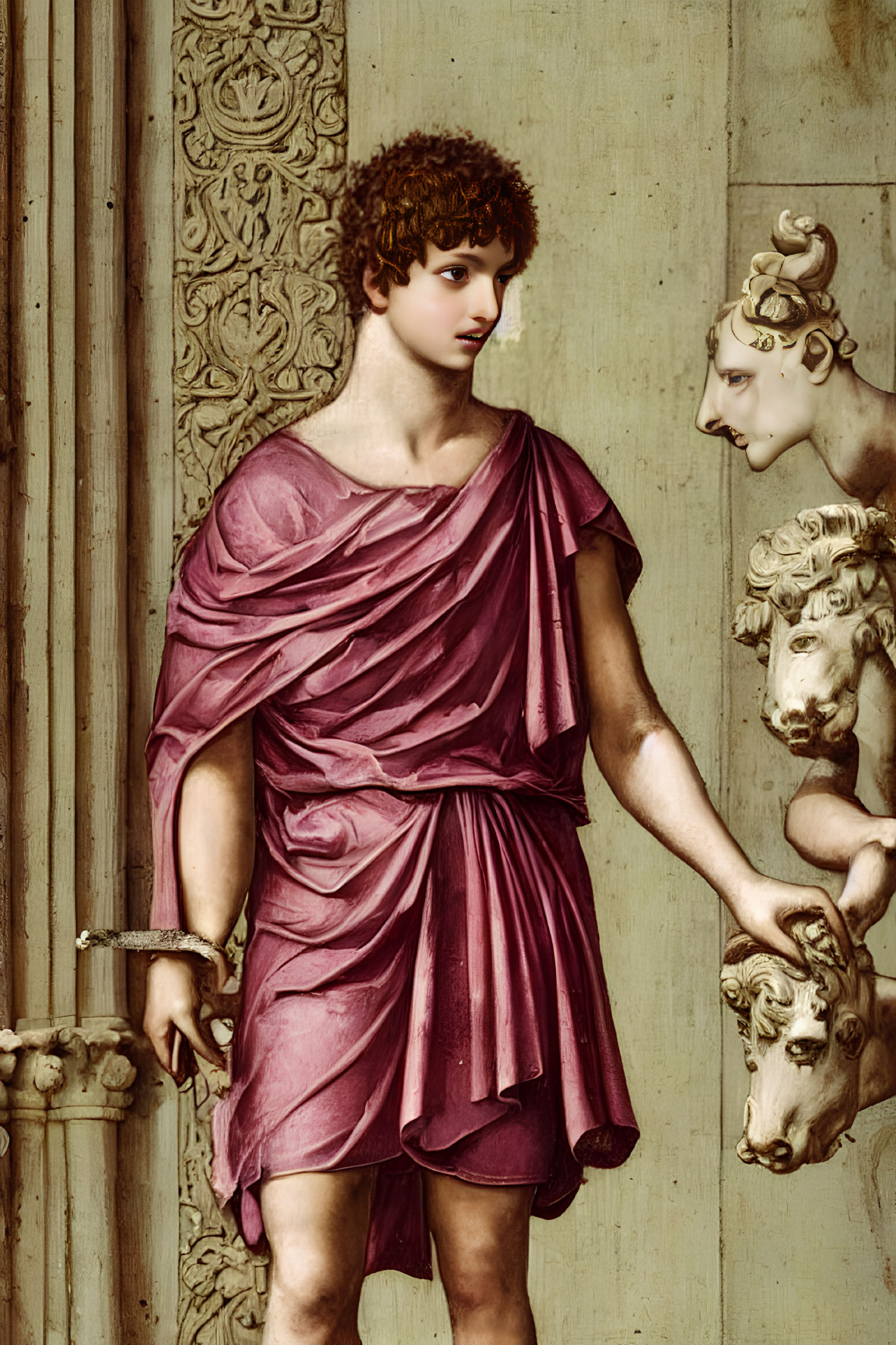 Digital artwork of young person with curly hair in purple toga by classical column