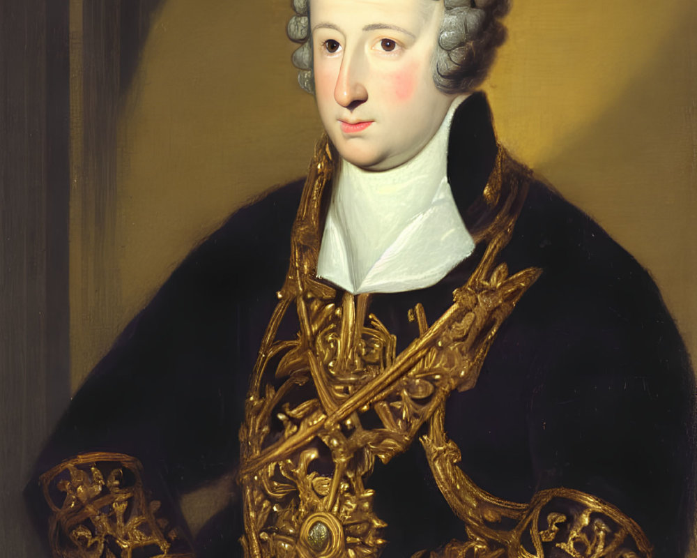 Historical portrait of a man in powdered wig and ornate navy coat