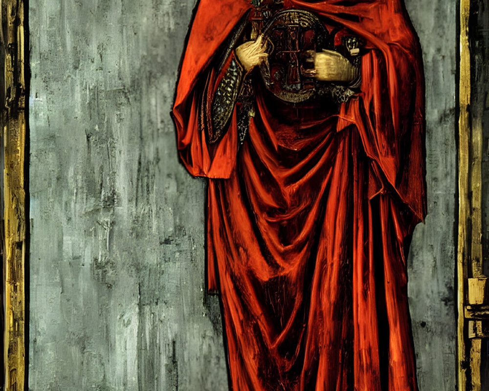 Regal figure in red robes with inscriptions - Stylized artwork of a historical or mythical king