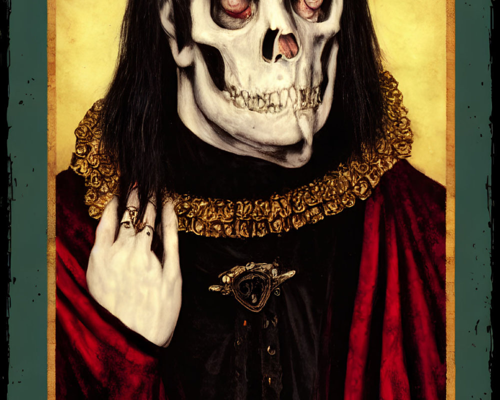 Skeletal figure in regal attire with red robe and golden ruff