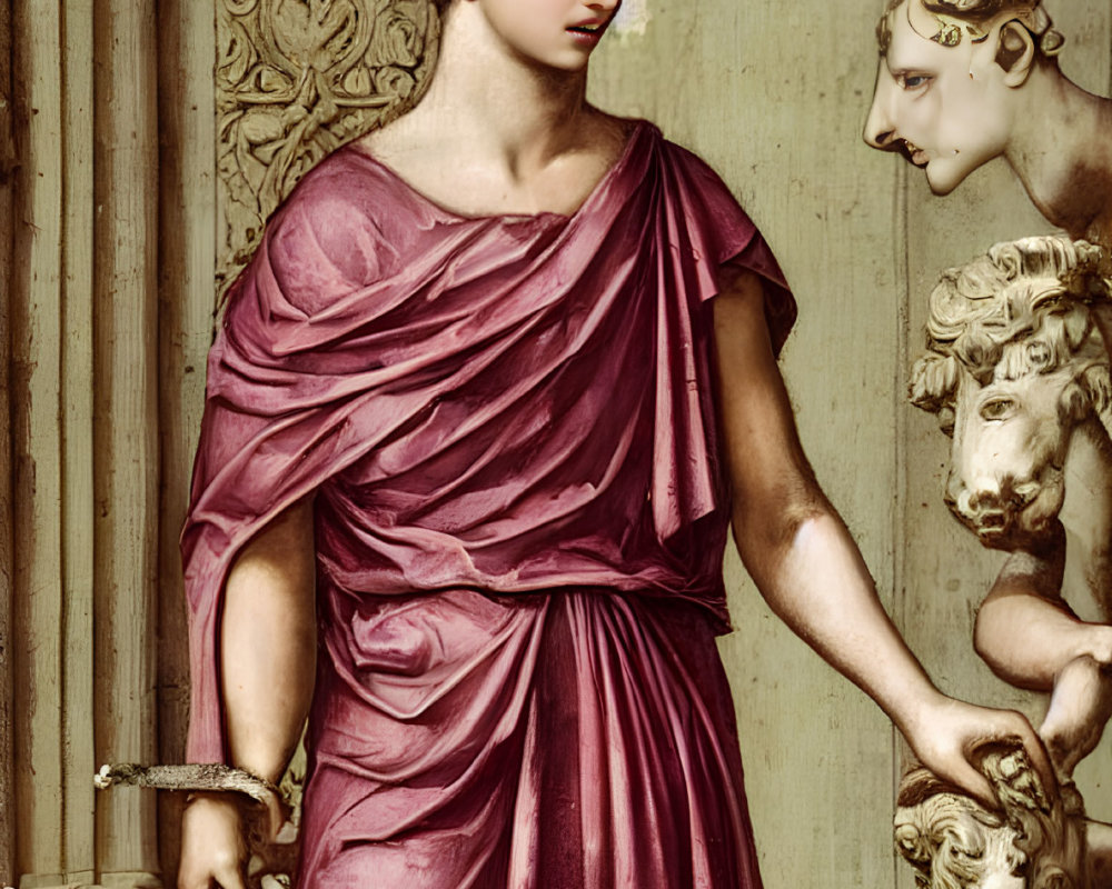 Digital artwork of young person with curly hair in purple toga by classical column