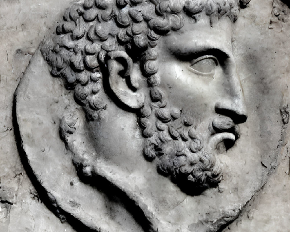 Ancient bas-relief sculpture of a bearded male with intricate hair and facial features.