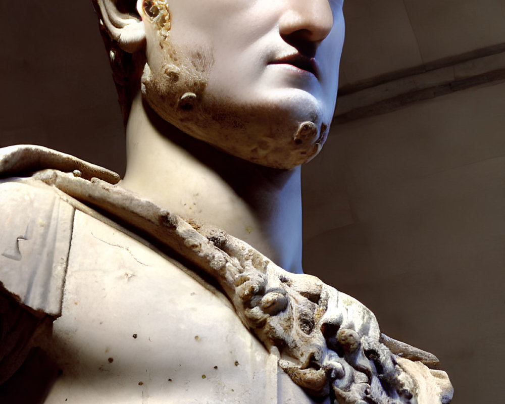 Detailed marble statue of stern-faced man in intricate armor.