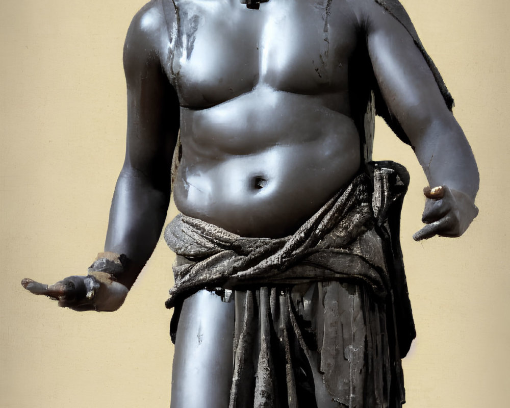 Weathered paint African man statue with sash, open palms on pale background