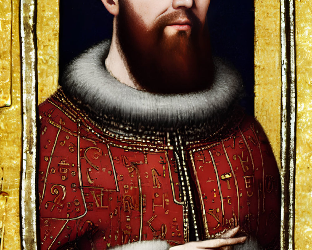 Ornate portrait of bearded man in jeweled crown and red garment