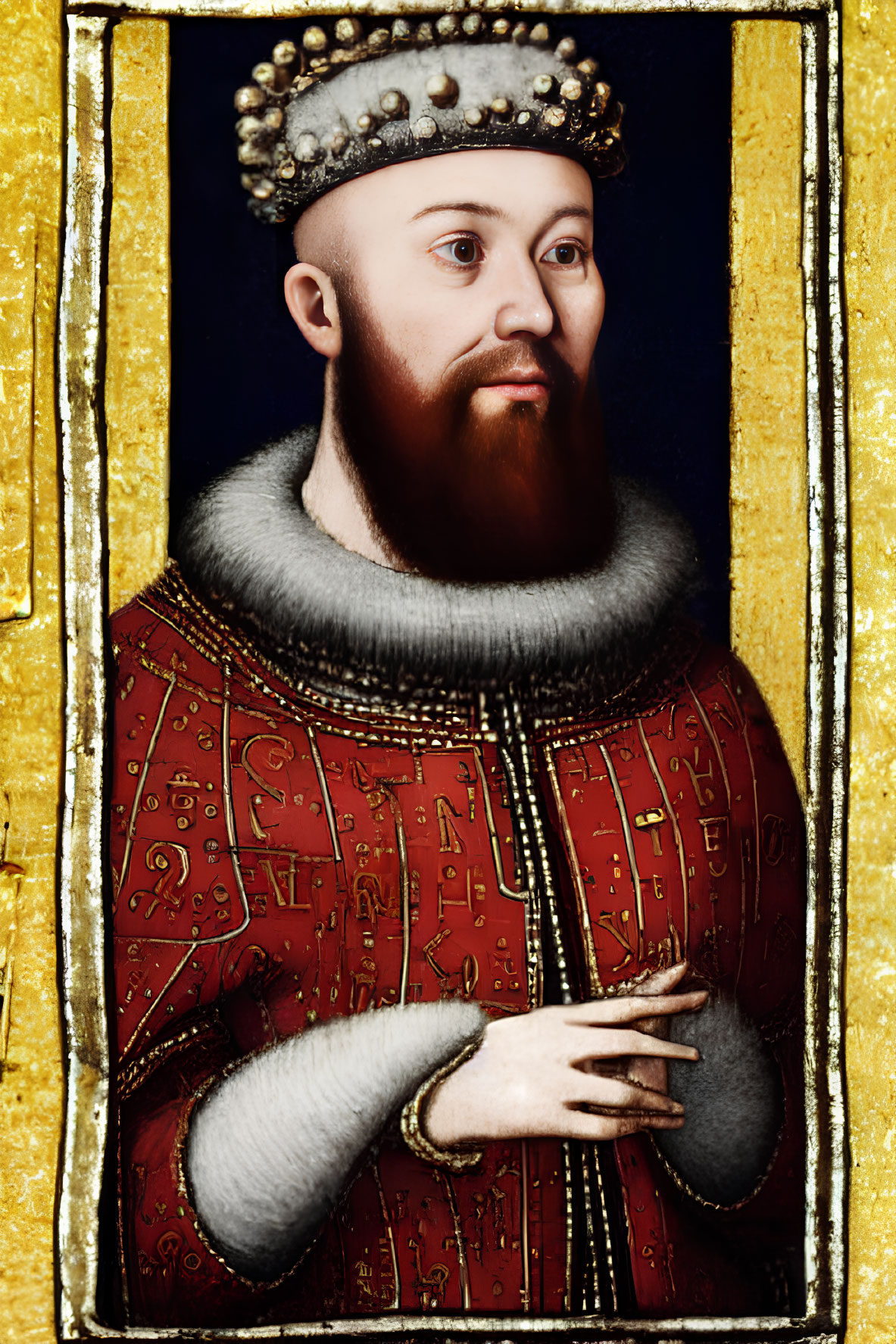 Ornate portrait of bearded man in jeweled crown and red garment