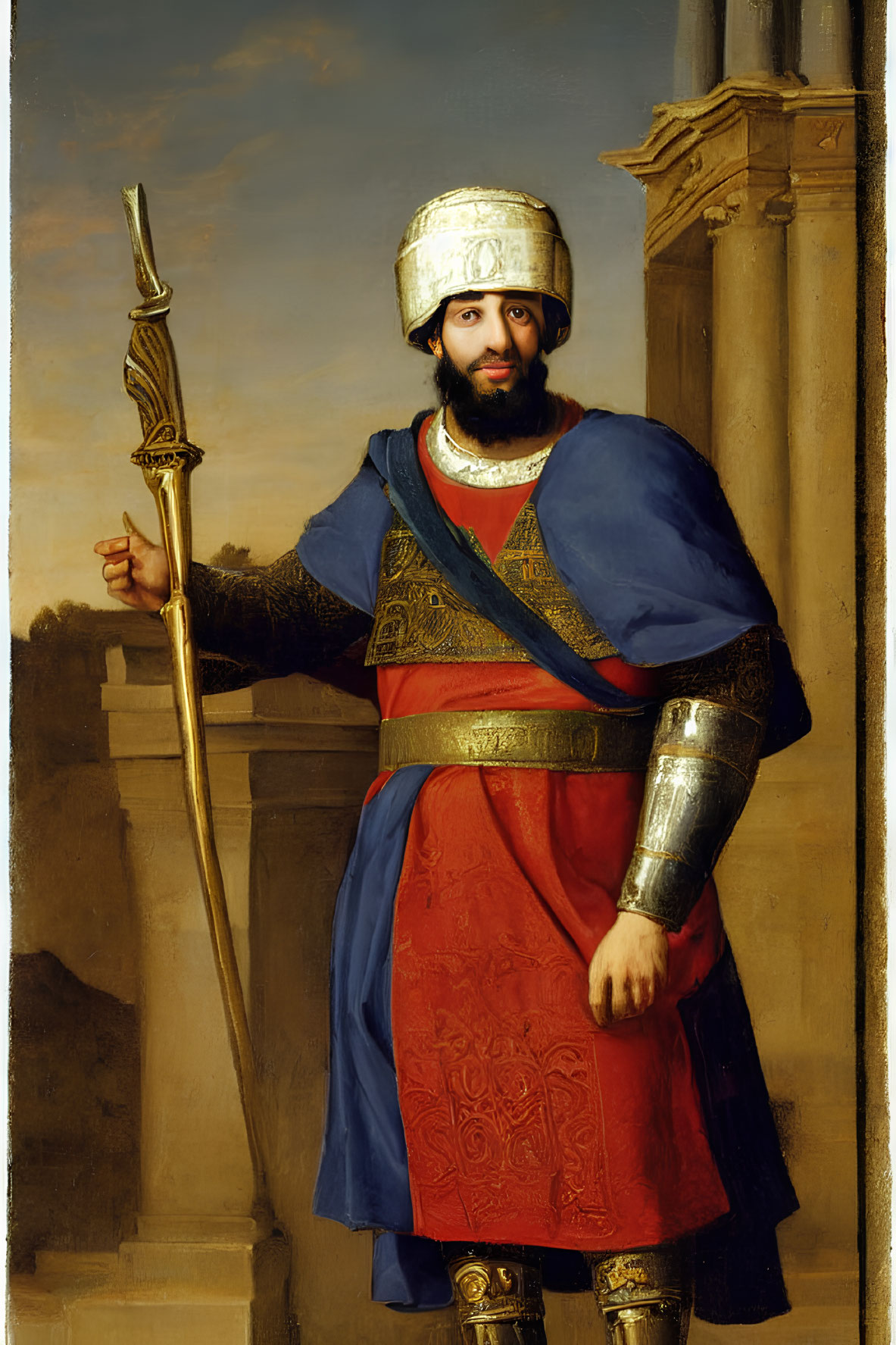 Man in Historical Armor Holding Spear Against Sky & Column