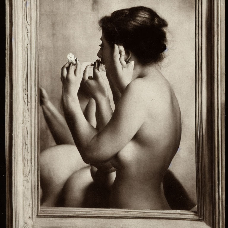 Vintage Sepia-Toned Photo of Woman Applying Makeup in Mirror