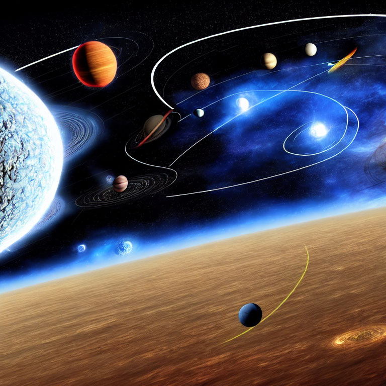 Solar System Planets Orbiting Sun on Starry Background