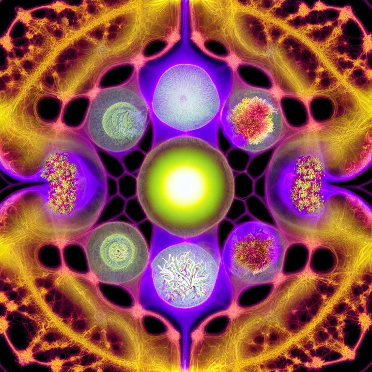 Symmetrical neon fractal design with glowing orb and intricate patterns