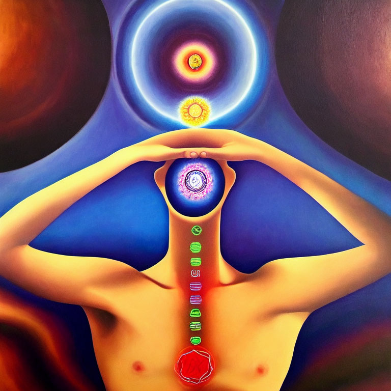 Colorful painting of person with hands framing third eye and chakras against cosmic backdrop