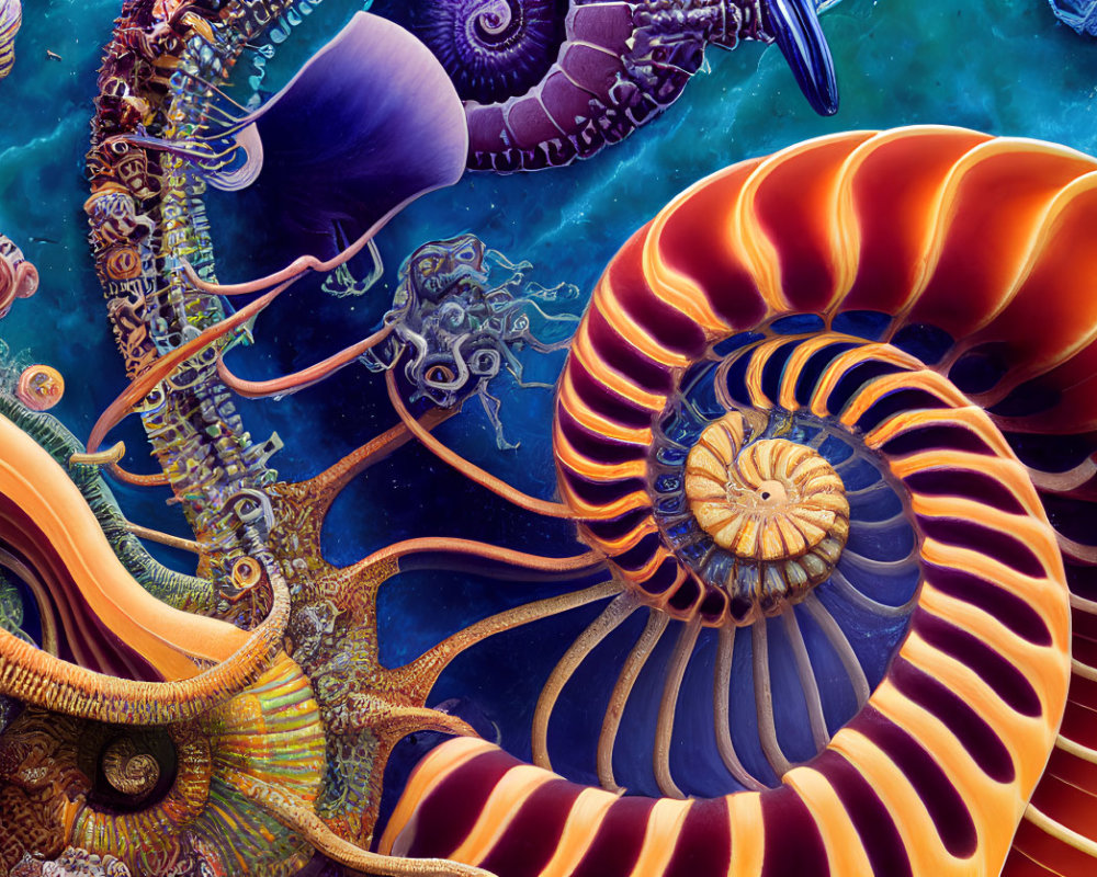 Colorful Nautilus Shells in Intricate Underwater Scene