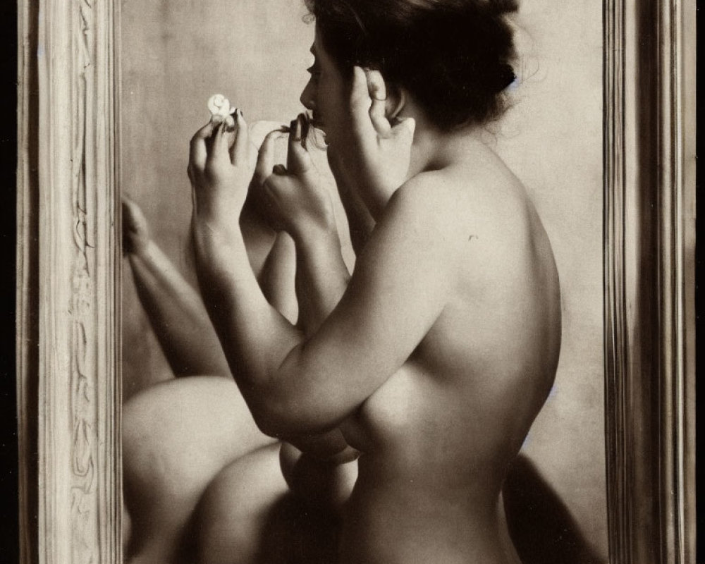 Vintage Sepia-Toned Photo of Woman Applying Makeup in Mirror