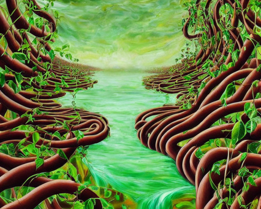 Surreal landscape with intertwined tree roots and flowing river