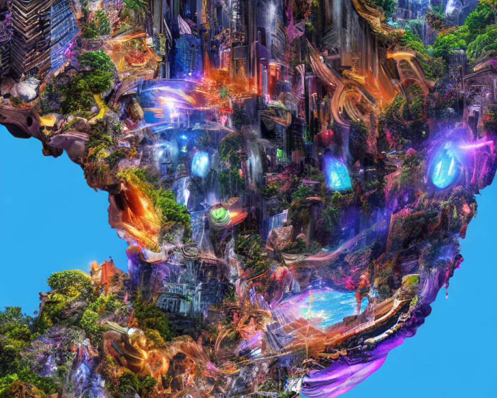 Surreal floating island with futuristic cities and lush landscapes