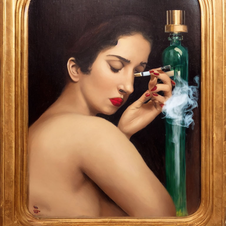 Portrait of Woman Smelling Perfume with Closed Eyes and Cigarette