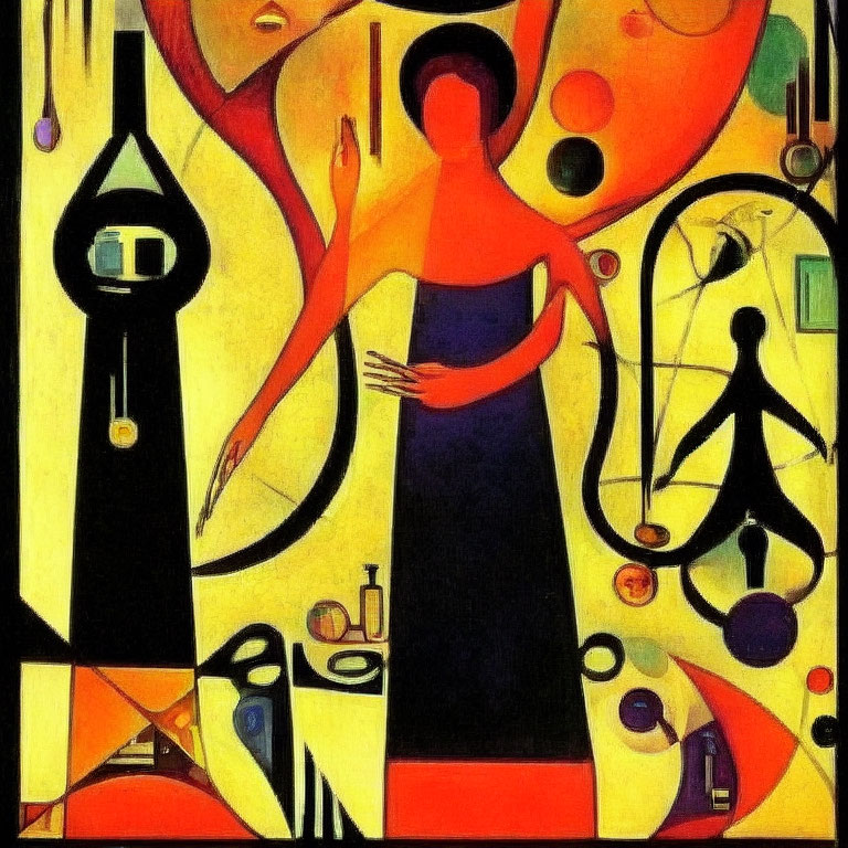 Abstract painting of stylized woman in red and blue dress with surreal figures