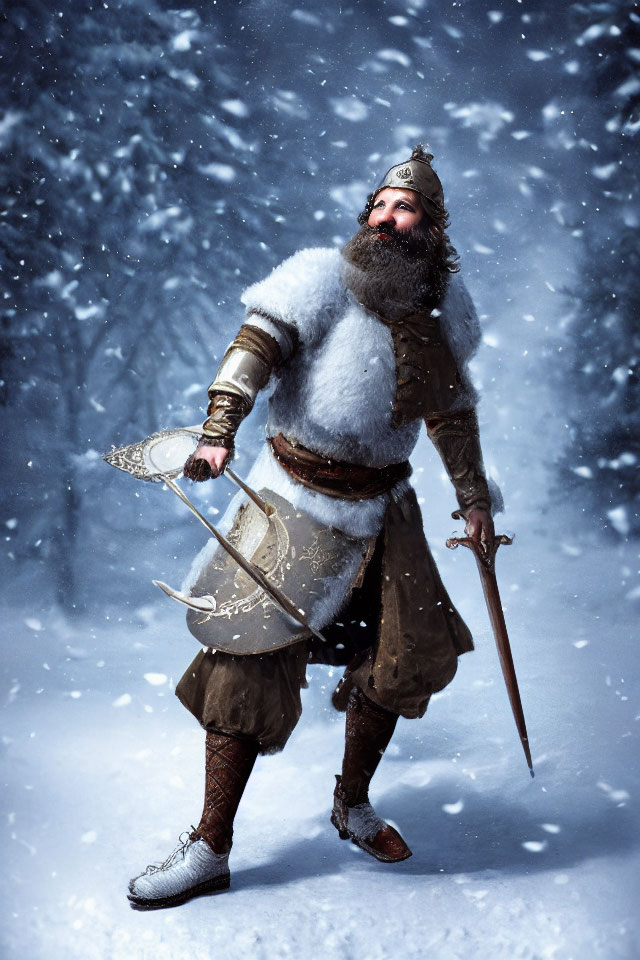 Bearded warrior in fur-lined cloak wields sword in snowy scene