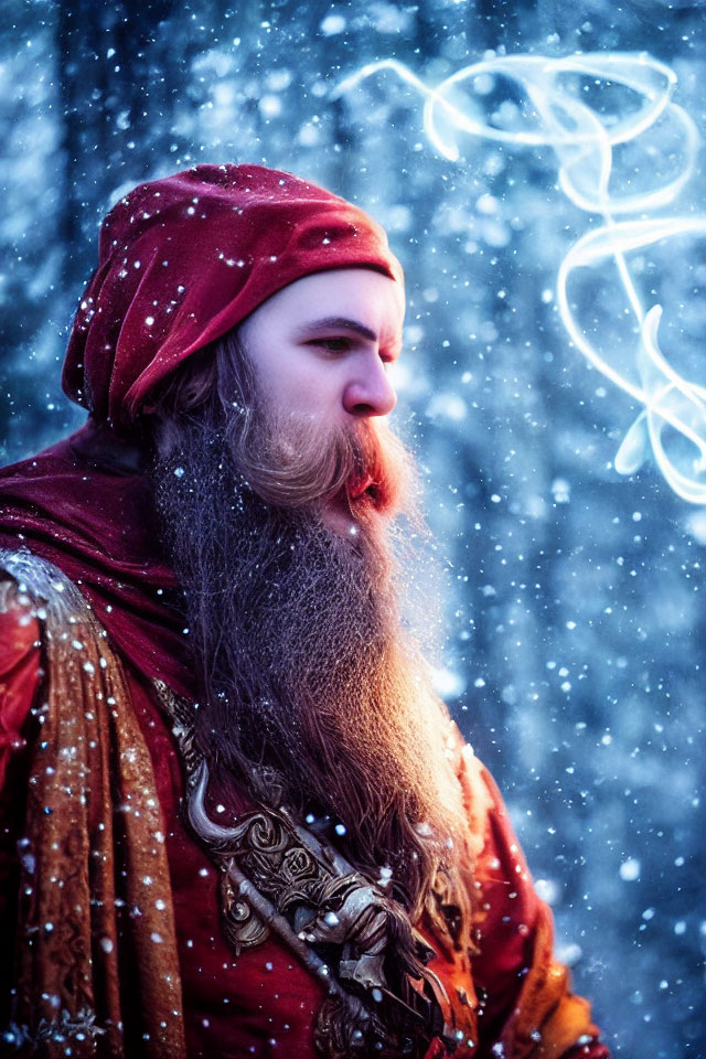 Medieval man with long beard exhales in falling snow and blue lights