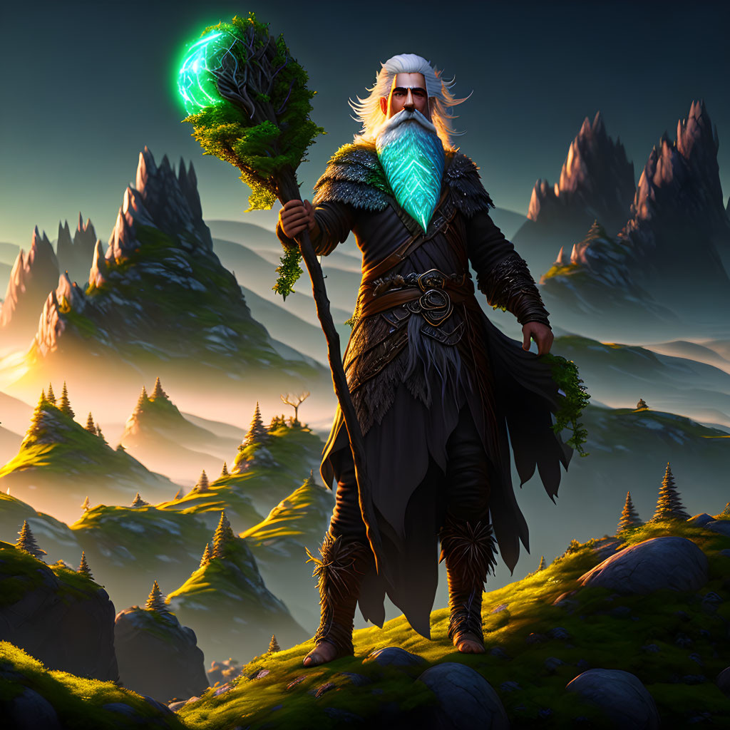 Bearded wizard with glowing orb staff on hill at dawn