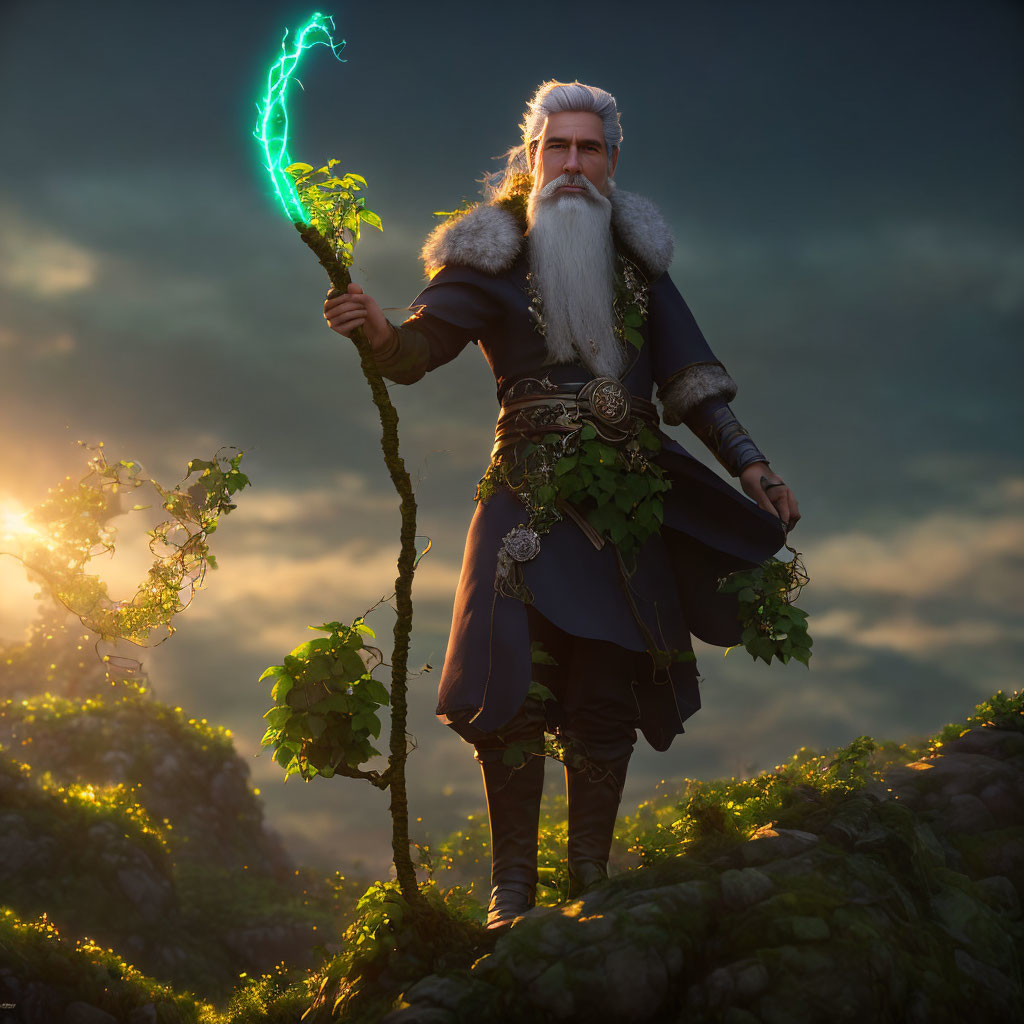 Elderly wizard with long white beard on rocky hill with green magical staff surrounded by vines