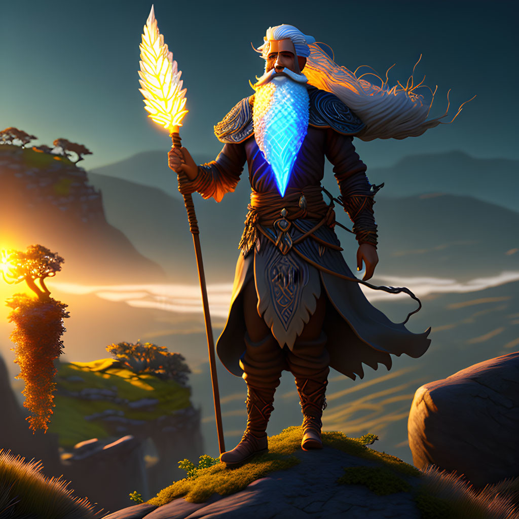 Bearded figure in ornate armor with glowing staff on rocky outcrop