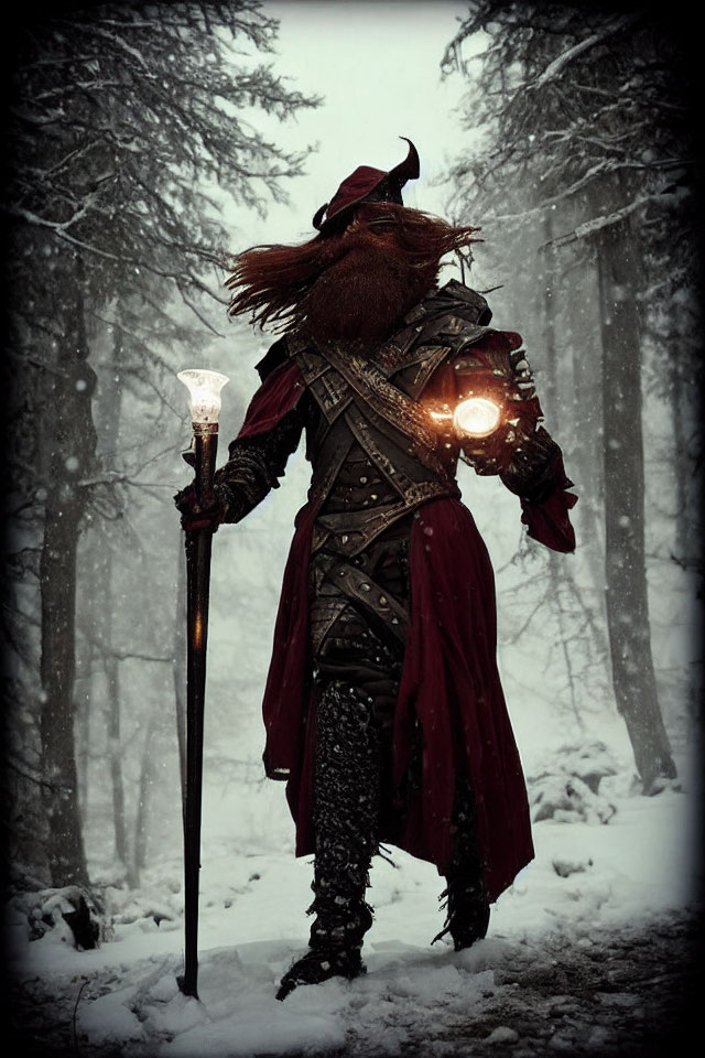 Mythical figure with glowing staff in snowy forest