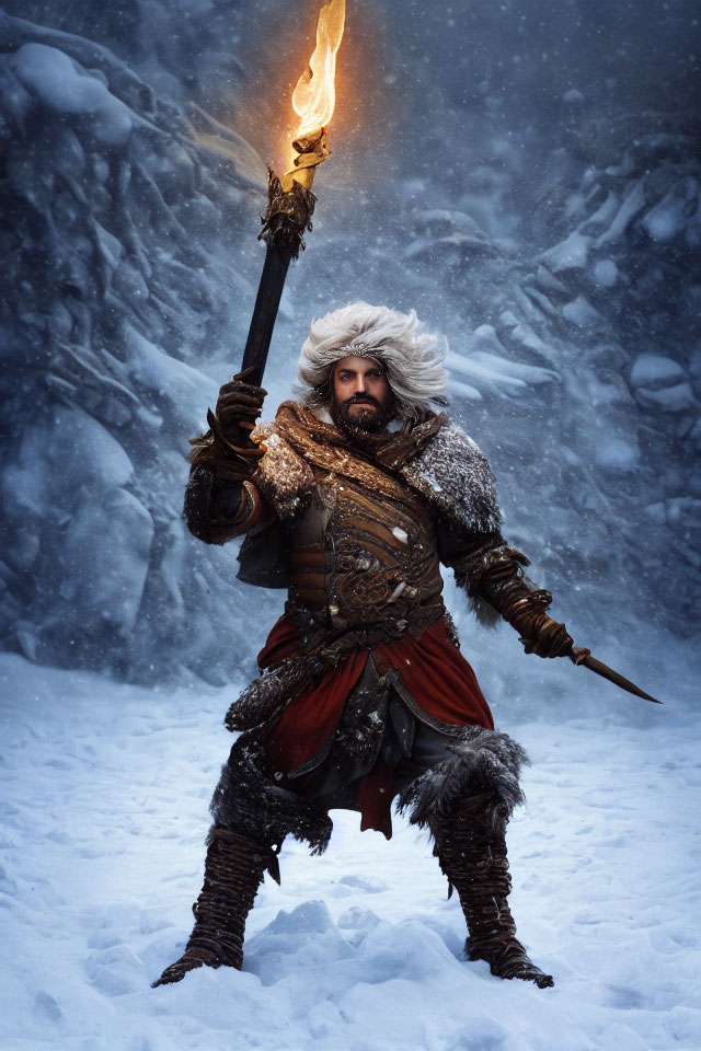 Warrior in snow holding flaming torch, fur and armor.