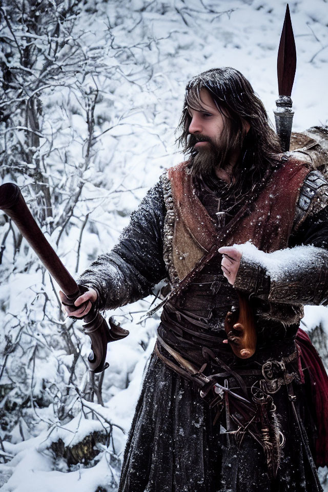 Medieval armored man with beard in snowy forest with sword and axe