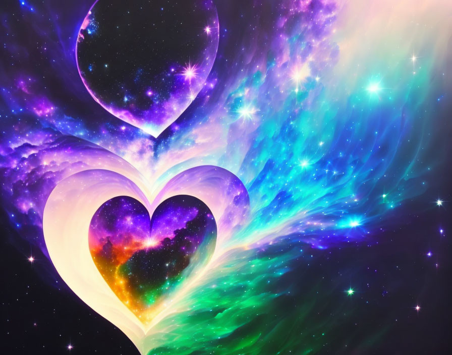 Vibrant cosmic background with overlaid heart shapes