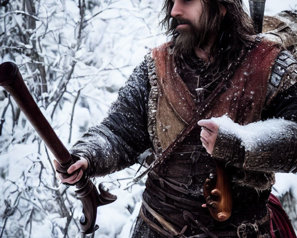 Medieval armored man with beard in snowy forest with sword and axe