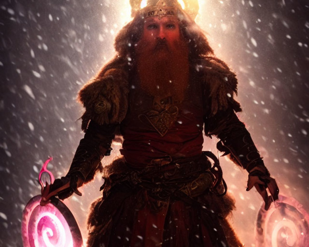 Bearded figure in armor holding glowing symbols under falling snow