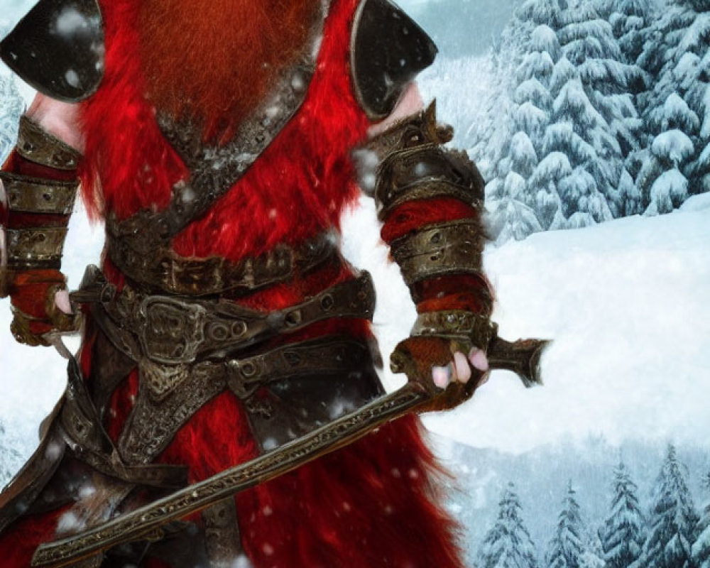 Bearded warrior in fur and armor with axe in snowy forest.