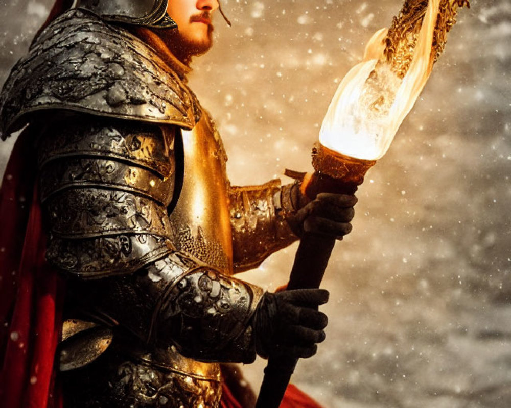 Knight in ornate armor with flaming torch in falling snow