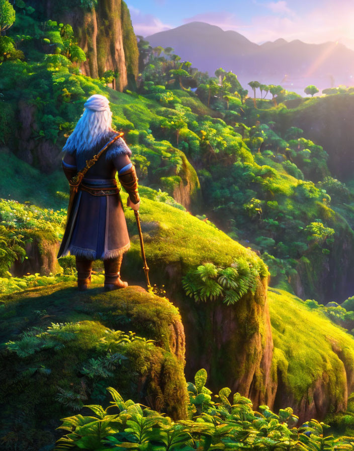 Bearded elderly figure in medieval attire on lush cliff overlooking sunny mountain landscape