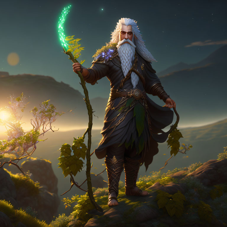 Wizard with starlit beard holding green staff on cliff with tree