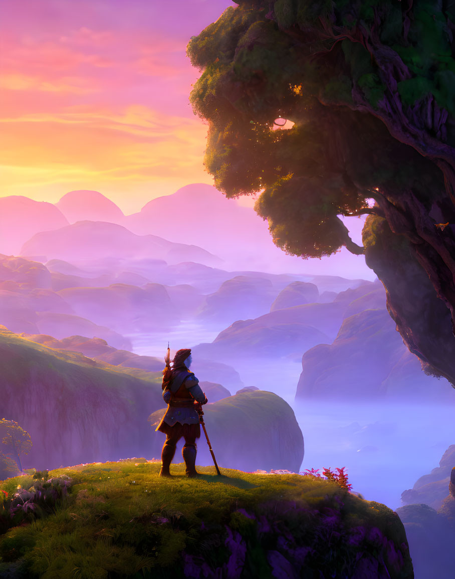 Warrior overlooking mystical valley with floating islands at sunset