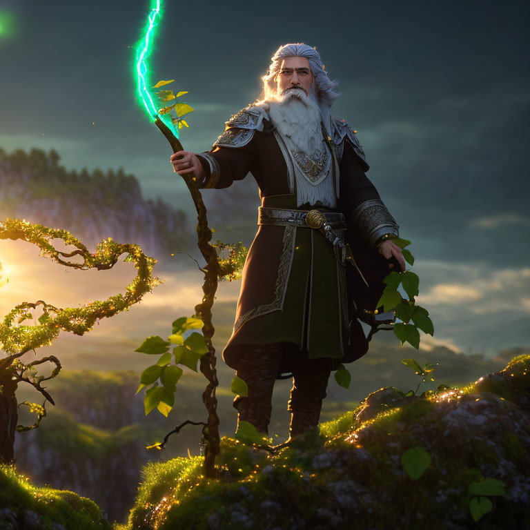 Elderly wizard with long white beard holding glowing green staff amid dramatic sunset