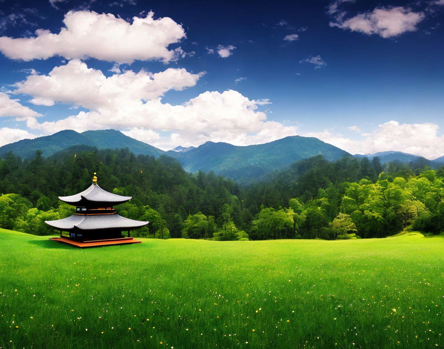 Traditional Pagoda in Green Fields with Mountain Backdrop