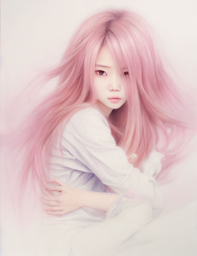 Person with Long Pink Hair in Pensive Pose on Soft Pink Background