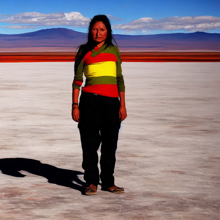 Woman in colorful top on salt flat with mountain landscape